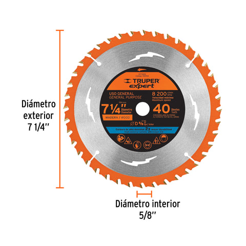 Disco sierra 7-1/4' p/madera, 40 dientes centro 5/8', Expert | ST-740X | 100104