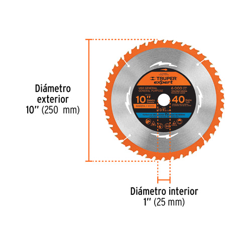 Disco sierra 10' para madera, 40 dientes centro 1', Expert | ST-1040EX | 100105