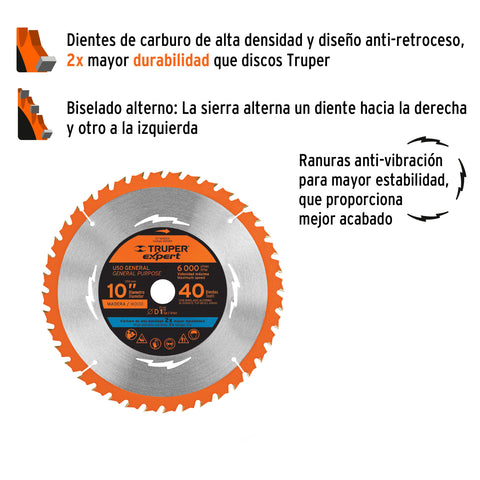Disco sierra 10' para madera, 40 dientes centro 1', Expert | ST-1040EX | 100105