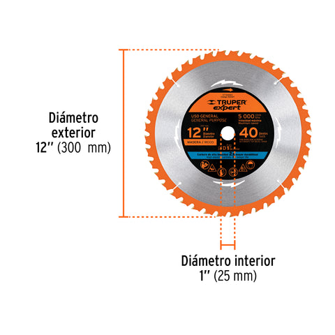 Disco sierra 12' para madera, 40 dientes centro 1', Expert | ST-1240EX | 100107
