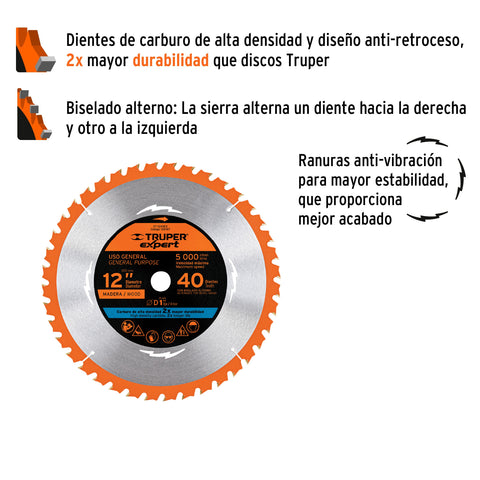 Disco sierra 12' para madera, 40 dientes centro 1', Expert | ST-1240EX | 100107