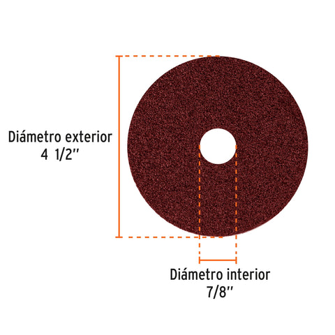 Disco de lija 4-1/2' con respaldo de fibra, grano 36, TRUPER | DILF-436 | 100125