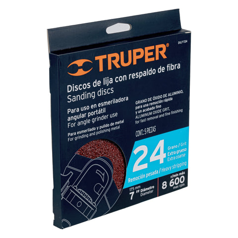 Disco de lija de 7' con respaldo de fibra, grano 24, TRUPER | DILF-724 | 100129