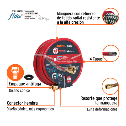 Manguera 3/4' super reforzada 4 capas 30m conexiones metal | MAN-30X3/4X | 100149