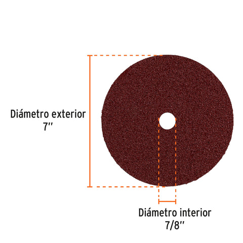 Disco de lija de 7' con respaldo de fibra, grano 36, TRUPER | DILF-736 | 100160
