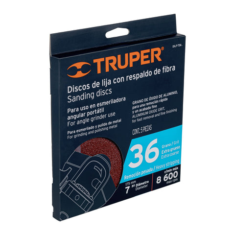 Disco de lija de 7' con respaldo de fibra, grano 36, TRUPER | DILF-736 | 100160