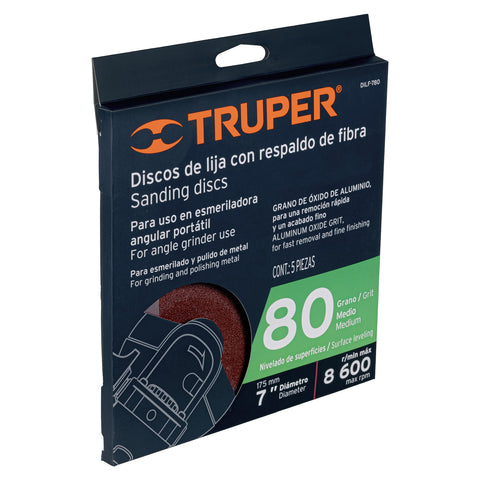 Disco de lija de 7' con respaldo de fibra, grano 80, TRUPER | DILF-780 | 100162
