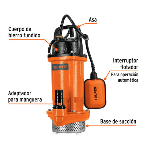 Bomba sumergible hierro fundido, agua limpia, 1/2 HP, TRUPER | BOS-1/2LH | 100169