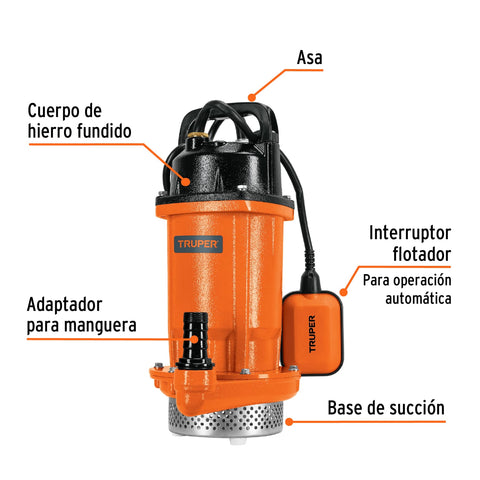 Bomba sumergible hierro fundido, agua limpia, 1 HP, TRUPER | BOS-1LH | 100171