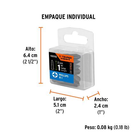 Estuche con 15 puntas de cruz PH1 largo 1', Truper Expert | PUDE-1101-15 | 100192