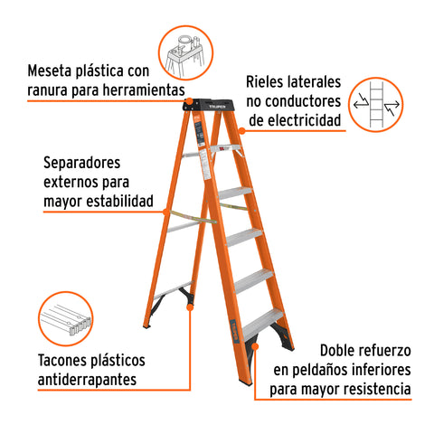 Escalera de tijera, tipo ll, 5 peldaños, fibra de vidrio | EST-25FV | 100225