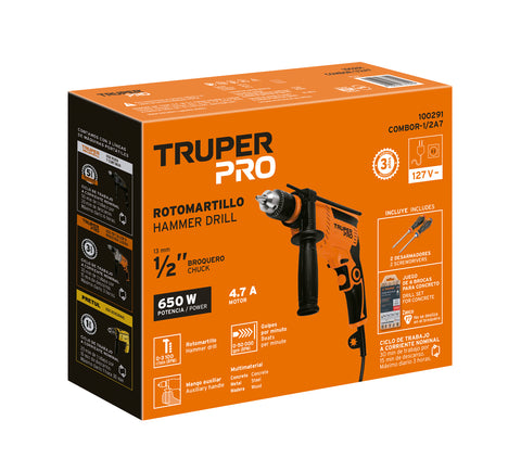 Combo rotomartillo 1/2' 650W, 6 brocas y 2 desarmadores,PRO | COMBOR-1/2A7 | 100291