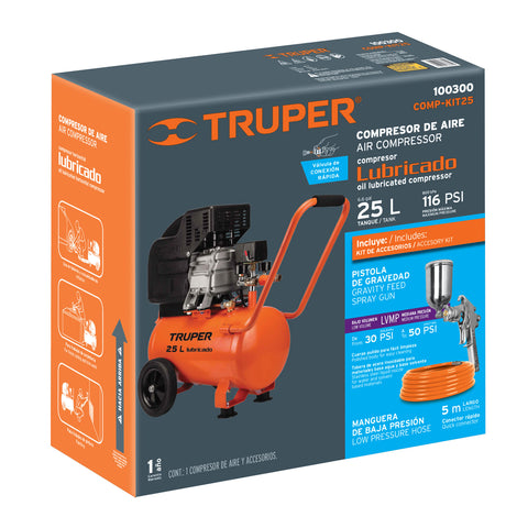 Kit Compresor lub, 25L, manguera y pistola grav,127V, TRUPER | COMP-KIT25 | 100300
