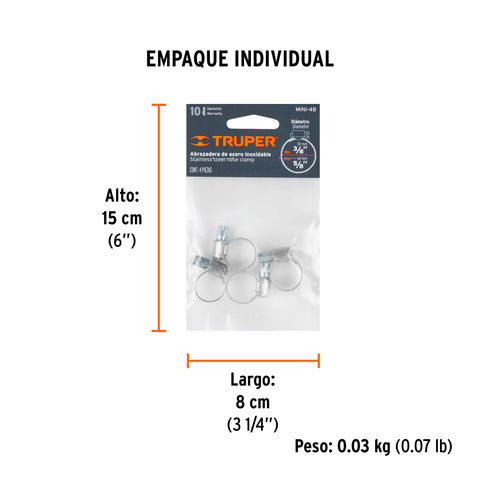 Bolsa c/4 mini abrazaderas sin fin # 4, 3/8'- 5/8', Truper | MINI-4B | 10032