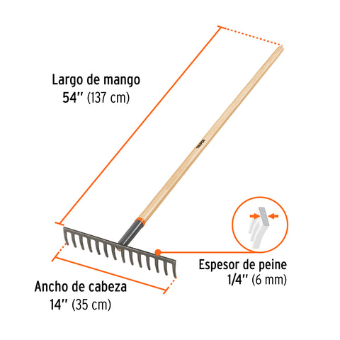 Rastrillo recto de 14 dientes, mango de 54', Truper | R-14M | 100493