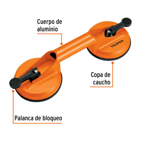 Ventosa de aluminio para vidrio, 2 copas de succión, Truper | VEVI-2A | 100761