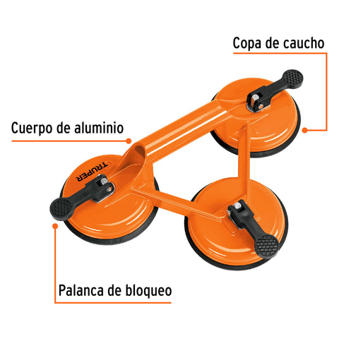 Ventosa de aluminio para vidrio, 3 copas de succión, Truper | VEVI-3A | 100762