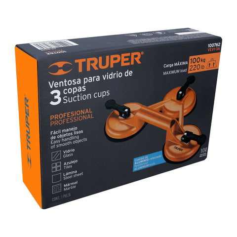 Ventosa de aluminio para vidrio, 3 copas de succión, Truper | VEVI-3A | 100762