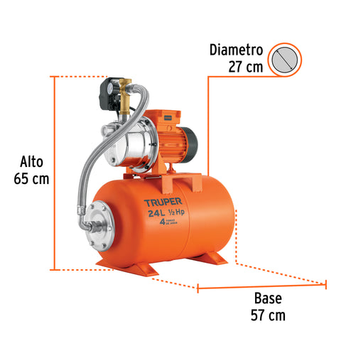 Equipo hidroneumático 24L, jet inoxidable 1/2 HP, TRUPER | HIDR-1/2X24 | 10077