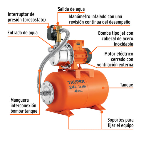 Equipo hidroneumático 24L, jet inoxidable 1/2 HP, TRUPER | HIDR-1/2X24 | 10077