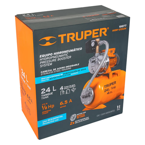 Equipo hidroneumático 24L, jet inoxidable 1/2 HP, TRUPER | HIDR-1/2X24 | 10077