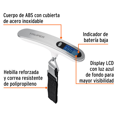 Báscula electrónica para equipaje, de pilas, 50 kg, Truper | BASE-50M | 100787
