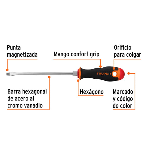 Desarmador plano 3/16' x 6' mango Comfort Grip, Truper | DR-3/16X6B | 100832
