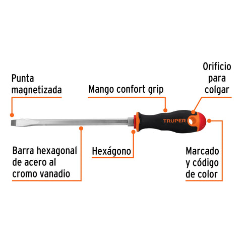 Desarmador plano 3/8' x 8' mango Comfort Grip, Truper | DR-3/8X8B | 100834