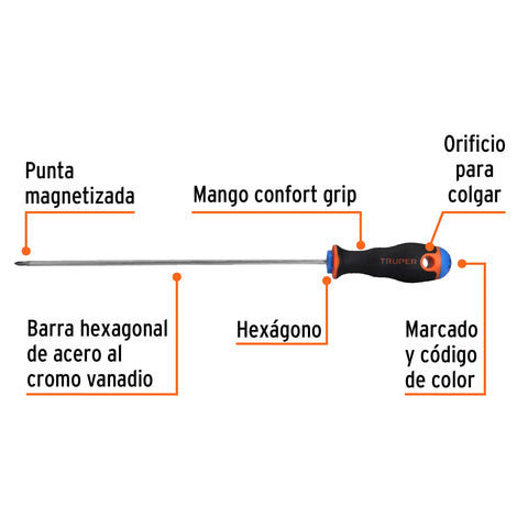 Desarmador de cruz 1/8' x 8' mango Comfort Grip, Truper | DP-1/8X8B | 100835