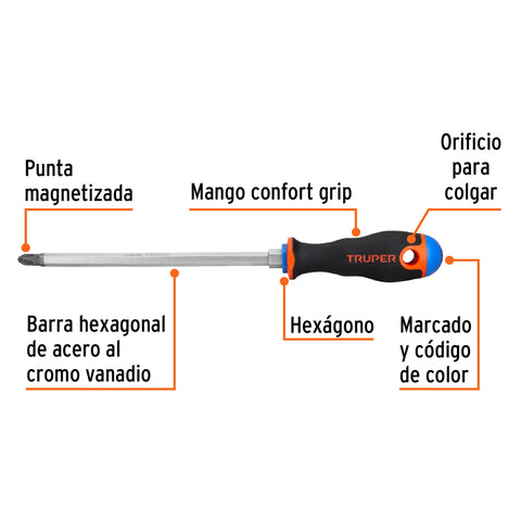 Desarmador de cruz 3/8' x 8' mango Comfort Grip, Truper | DP-3/8X8B | 100839