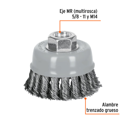 Carda copa 3' alambre trenzado grueso, Multi-rosca, Truper | CT-608MRX | 100854