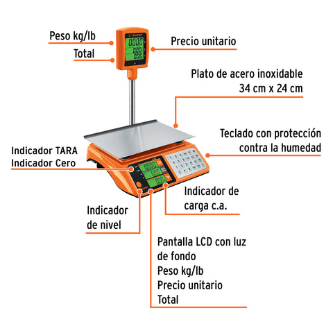 Báscula electrónica multifunciones con torreta 40 kg, Truper | BASE-40T | 100871