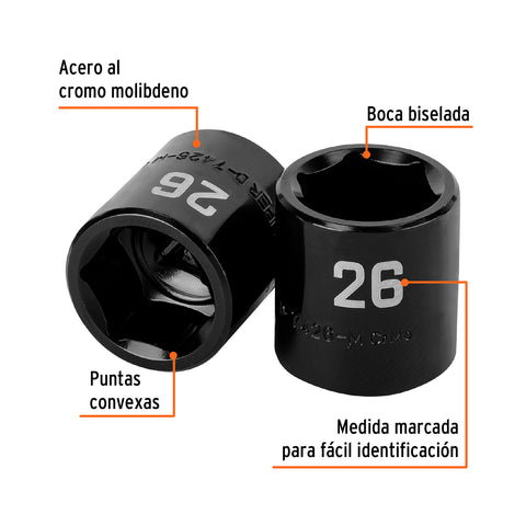 Dado de impacto de 26 mm, 6 puntas, cuadro 1/2', Truper | D-7426-M | 100899