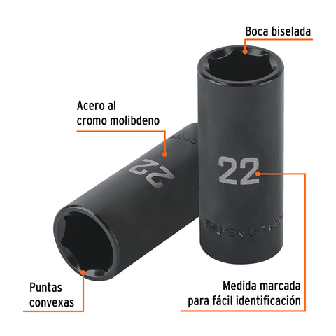 Dado largo impacto de 22 mm, 6 puntas, cuadro 1/2', Truper | D-7322-ML | 100921