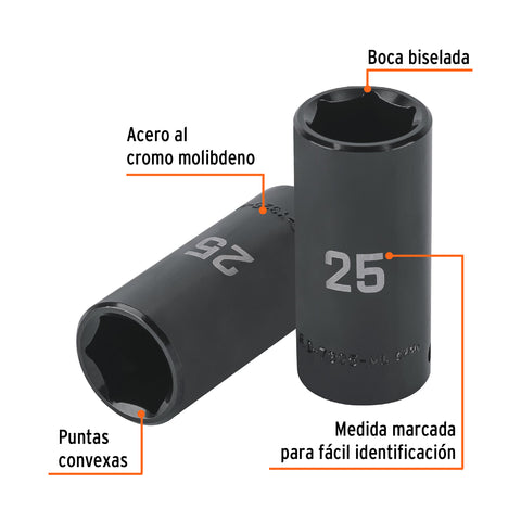 Dado largo impacto de 25 mm, 6 puntas, cuadro 1/2', Truper | D-7325-ML | 100924