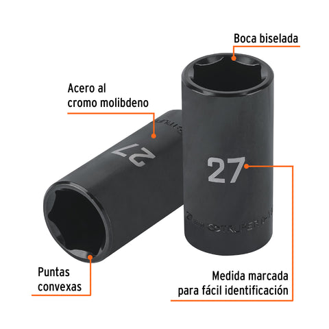 Dado largo impacto de 27 mm, 6 puntas, cuadro 1/2', Truper | D-7327-ML | 100926