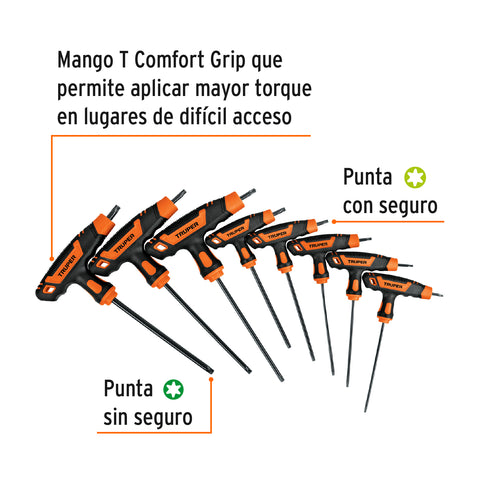 Juego de 8 llaves torx extralargas con mango T, TRUPER | TORX-8TLX | 100935