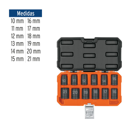 Juego de 12 dados de impacto cuadro 1/2', 6 puntas mm | JDI-1/2X12M | 100944