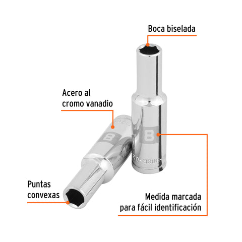 Dado largo de 8 mm, 6 puntas, cuadro 3/8', Truper | D-3808-HM-L | 100993