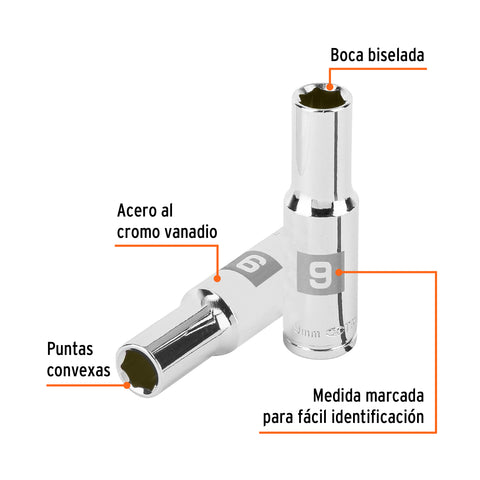 Dado largo de 9 mm, 6 puntas, cuadro 3/8', Truper | D-3809-HM-L | 100994