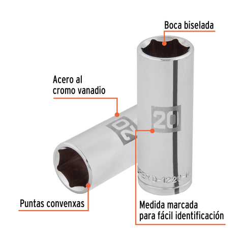 Dado largo de 20 mm, 6 puntas, cuadro 1/2', Truper | D-1220-ML | 101008