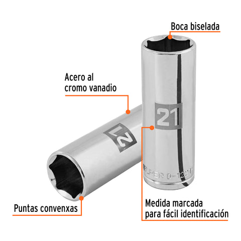 Dado largo de 21 mm, 6 puntas, cuadro 1/2', Truper | D-1221-ML | 101009