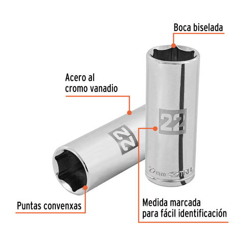 Dado largo de 22 mm, 6 puntas, cuadro 1/2', Truper | D-1222-ML | 101010