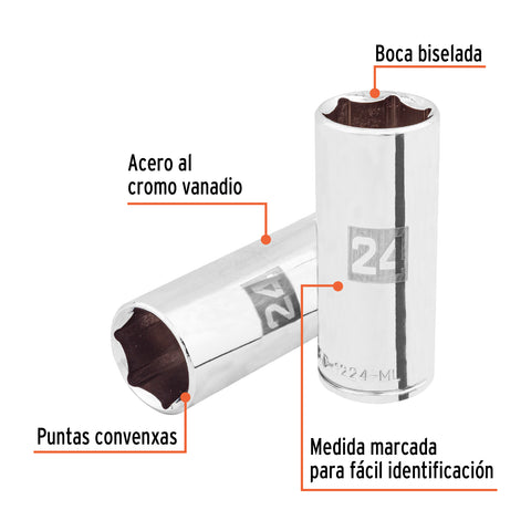 Dado largo de 24 mm, 6 puntas, cuadro 1/2', Truper | D-1224-ML | 101012