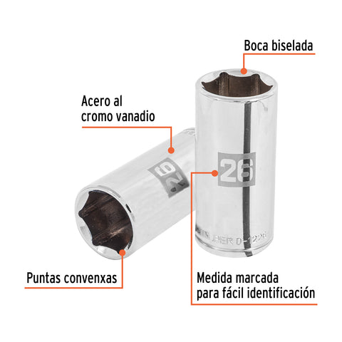 Dado largo de 26 mm, 6 puntas, cuadro 1/2', Truper | D-1226-ML | 101014