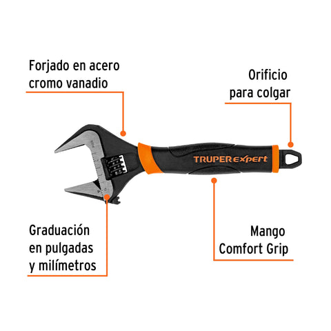 Llave ajustable (perico) 8' boca ancha Comfort Grip, Expert | PET-8XA | 101034