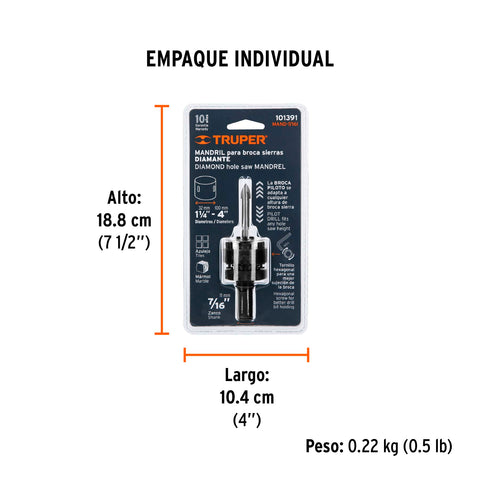 Mandril para brocasierra diamante con rosca 7/16', Truper | MAND-7/16I | 101391