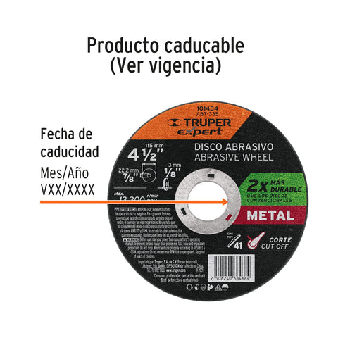 Disco para corte de metal 4-1/2' tipo 41, Truper Expert | ABT-335 | 101454