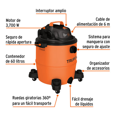 Aspiradora de sólidos y líquidos, 16 gal, plástica, TRUPER | ASP-16 | 101520