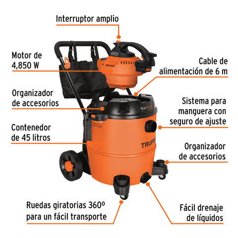 Aspiradora sólidos y líquidos, 16 gal, soplador desmontable | ASP-16S | 101522